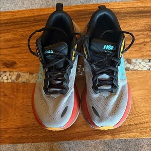 Hoka Bondi 8 Size 7.5B Women’s Gray Athletic Shoes with Red and Yellow Accents